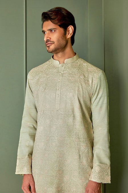 Buy_Asuka_Green Tussar Embroidery Floral Resham Kurta Set _Online_at_Aza_Fashions