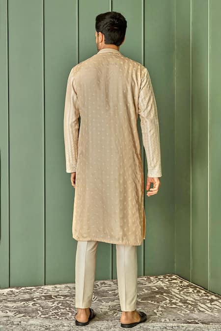 Shop Asuka Beige Chanderi Silk Embroidered Resham Work Vintage Kurta Set at Aza Fashions Shop_Asuka_Beige Chanderi Silk Embroidered Resham Work Vintage Kurta Set _at_Aza_Fashions