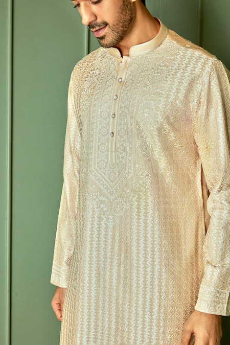 Shop Asuka Beige Chanderi Silk Embroidered Resham Work Vintage Kurta Set Online at Aza Fashions Shop_Asuka_Beige Chanderi Silk Embroidered Resham Work Vintage Kurta Set _Online_at_Aza_Fashions