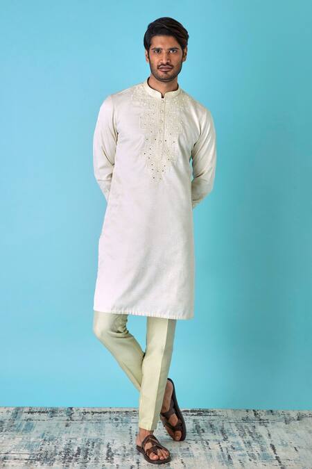 Asuka Ivory Jacquard Silk Printed And Embroidered Vintage Yoke Kurta Set Online at Aza Fashions Asuka_Ivory Jacquard Silk Printed And Embroidered Vintage Yoke Kurta Set _Online_at_Aza_Fashions