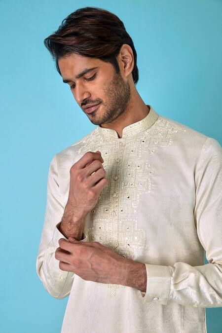 Asuka Ivory Jacquard Silk Printed And Embroidered Vintage Yoke Kurta Set at Aza Fashions Asuka_Ivory Jacquard Silk Printed And Embroidered Vintage Yoke Kurta Set _at_Aza_Fashions