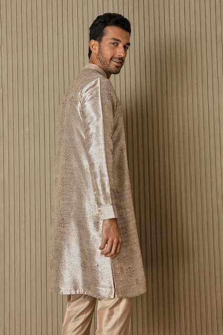 Buy_Asuka_Brown Jacquard Silk Printed And Embroidered Mughal Kurta Set _Online_at_Aza_Fashions