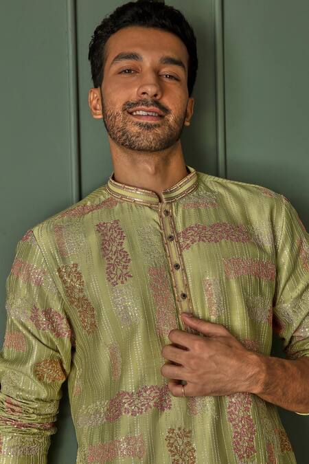 Shop Asuka Green Chanderi Silk Embroidered Sequin And Resham Work Geometric & Kurta Set Online at Aza Fashions Shop_Asuka_Green Chanderi Silk Embroidered Sequin And Resham Work Geometric & Kurta Set _Online_at_Aza_Fashions