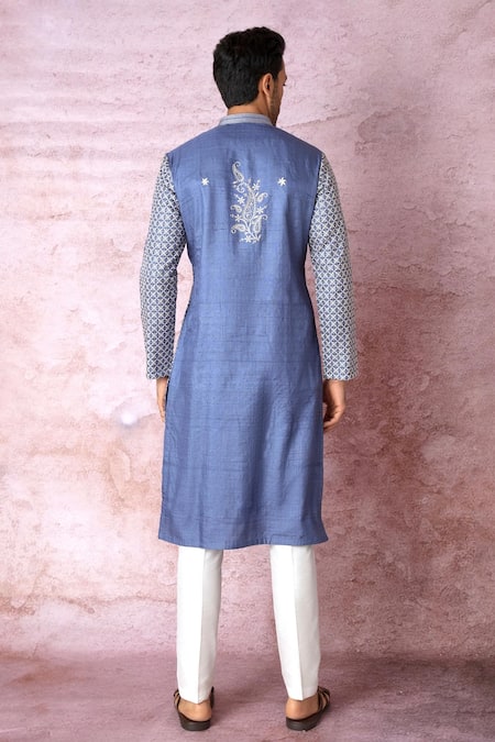 Shop Asuka Blue Tussar Silk Embroidered Resham Mughal Jaal Kurta Set at Aza Fashions Shop_Asuka_Blue Tussar Silk Embroidered Resham Mughal Jaal Kurta Set _at_Aza_Fashions
