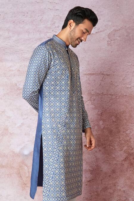 Buy Asuka Blue Tussar Silk Embroidered Resham Mughal Jaal Kurta Set Online at Aza Fashions Buy_Asuka_Blue Tussar Silk Embroidered Resham Mughal Jaal Kurta Set _Online_at_Aza_Fashions