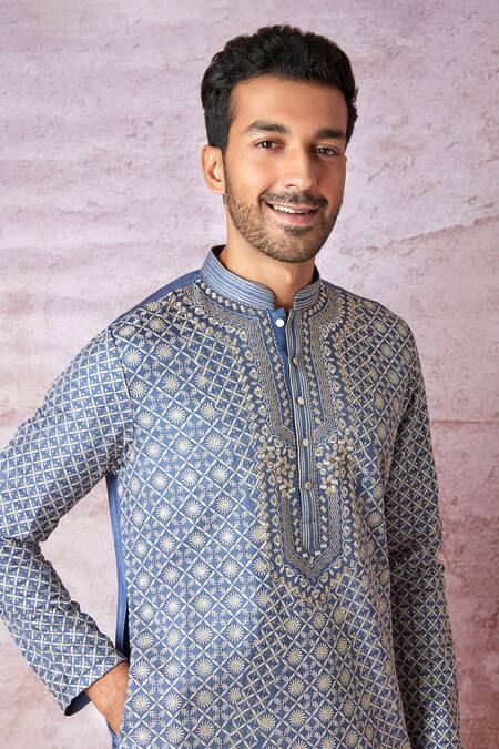 Shop Asuka Blue Tussar Silk Embroidered Resham Mughal Jaal Kurta Set Online at Aza Fashions Shop_Asuka_Blue Tussar Silk Embroidered Resham Mughal Jaal Kurta Set _Online_at_Aza_Fashions