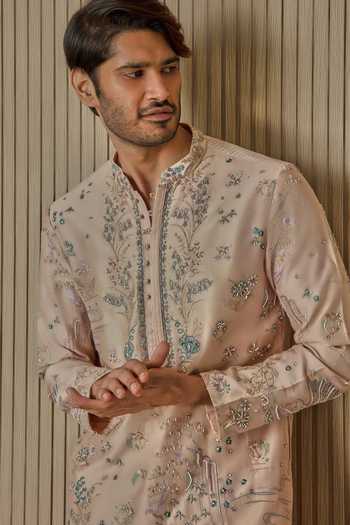 Buy Asuka Peach Chanderi Silk Embroidery Garden Dabka Kurta Set Online at Aza Fashions Buy_Asuka_Peach Chanderi Silk Embroidery Garden Dabka Kurta Set _Online_at_Aza_Fashions