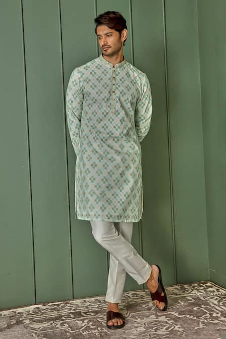 Asuka Green Jacquard Printed And Embroidered Diamond Jaal & Thread Work Kurta Set Online at Aza Fashions Asuka_Green Jacquard Printed And Embroidered Diamond Jaal & Thread Work Kurta Set _Online_at_Aza_Fashions