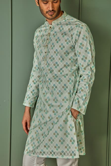 Shop Asuka Green Jacquard Printed And Embroidered Diamond Jaal & Thread Work Kurta Set Online at Aza Fashions Shop_Asuka_Green Jacquard Printed And Embroidered Diamond Jaal & Thread Work Kurta Set _Online_at_Aza_Fashions