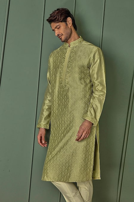 Asuka_Green Chanderi Embroidered Resham Work Floral Jaal Kurta Set _Online_at_Aza_Fashions