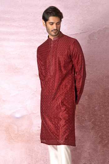 Buy_Asuka_Maroon Chanderi Silk Embroidery Floral Jaal Resham Kurta Set _Online_at_Aza_Fashions