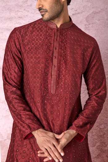Shop_Asuka_Maroon Chanderi Silk Embroidery Floral Jaal Resham Kurta Set _Online_at_Aza_Fashions