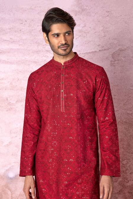 Asuka_Red Chanderi Silk Embroidered Sequin And Cross Stitch Resham Work Kurta Set _at_Aza_Fashions