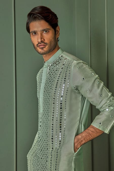 Shop Asuka Green Chanderi Mirrors, Embroidery Kurta Set Online at Aza Fashions Shop_Asuka_Green Chanderi Mirrors, Embroidery Kurta Set _Online_at_Aza_Fashions