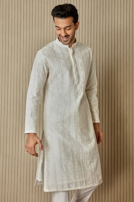 Asuka_Ivory Chanderi Silk Embroidered Floral Vine Kurta Set _Online_at_Aza_Fashions