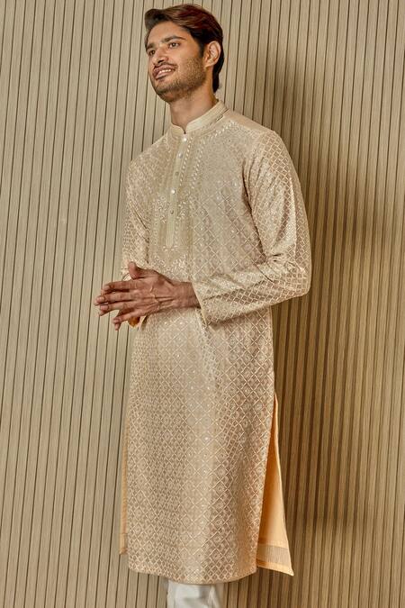Asuka_Beige Tussar Silk Embroidered Floral Jaal Kurta Set _Online_at_Aza_Fashions