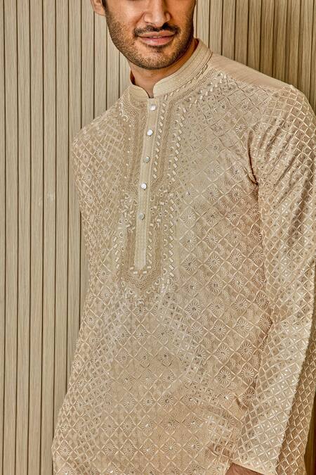Buy_Asuka_Beige Tussar Silk Embroidered Floral Jaal Kurta Set _Online_at_Aza_Fashions