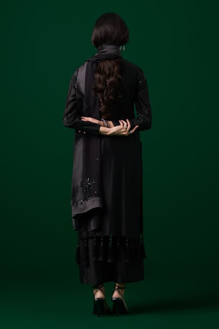 Shop Meesa Black Chanderi Silk, Organza Crystals, Hand Embroidered Kurta Palazzo Set at Aza Fashions Shop_Meesa_Black Chanderi Silk, Organza Crystals, Hand Embroidered Kurta Palazzo Set _at_Aza_Fashions