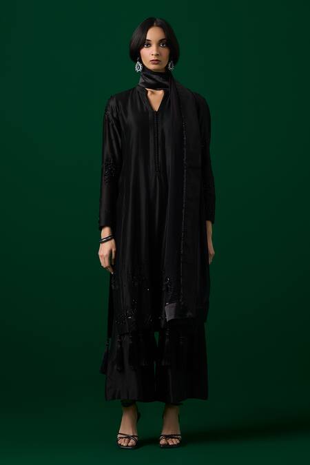 Shop Meesa Black Chanderi Silk, Organza Crystals, Hand Embroidered Kurta Palazzo Set Online at Aza Fashions Shop_Meesa_Black Chanderi Silk, Organza Crystals, Hand Embroidered Kurta Palazzo Set _Online_at_Aza_Fashions