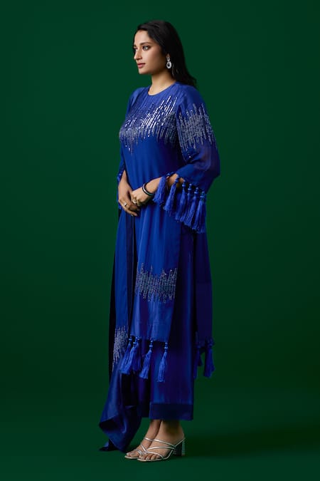Meesa_Blue Kurta And Palazzo Chanderi Silk Embroidered Sequin Crystal Set  _Online_at_Aza_Fashions