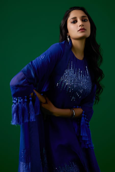 Buy_Meesa_Blue Kurta And Palazzo Chanderi Silk Embroidered Sequin Crystal Set  _Online_at_Aza_Fashions
