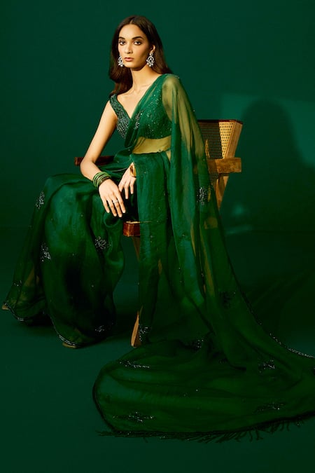 Shop Meesa Green Chanderi Silk, Cotton Beads, Tassels, Crystal Hand Saree With Blouse Online at Aza Fashions Shop_Meesa_Green Chanderi Silk, Cotton Beads, Tassels, Crystal Hand Saree With Blouse _Online_at_Aza_Fashions