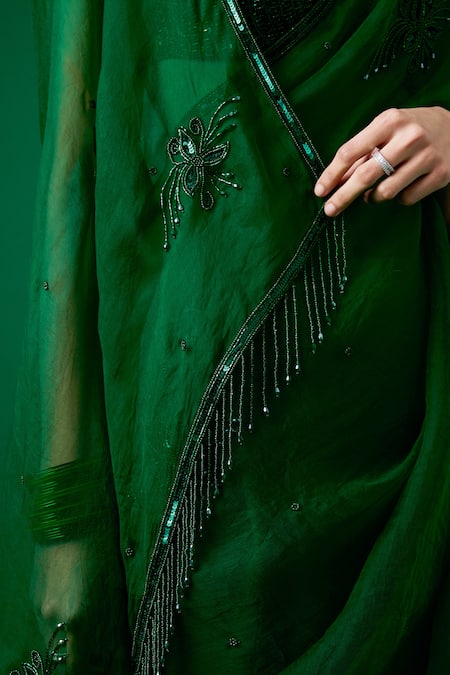 Meesa Green Chanderi Silk, Cotton Beads, Tassels, Crystal Hand Saree With Blouse at Aza Fashions Meesa_Green Chanderi Silk, Cotton Beads, Tassels, Crystal Hand Saree With Blouse _at_Aza_Fashions