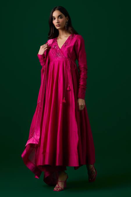 Meesa_Pink Chanderi Silk, Organza Crystals, Embroidery V-neck Anarkali Pant Set _Online_at_Aza_Fashions