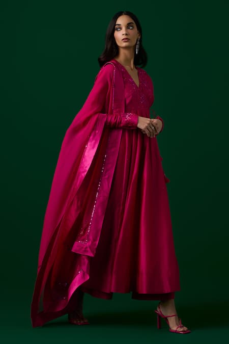 Buy_Meesa_Pink Chanderi Silk, Organza Crystals, Embroidery V-neck Anarkali Pant Set _Online_at_Aza_Fashions