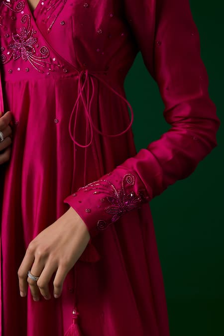 Shop_Meesa_Pink Chanderi Silk, Organza Crystals, Embroidery V-neck Anarkali Pant Set _Online_at_Aza_Fashions