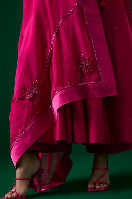 Meesa_Pink Chanderi Silk, Organza Crystals, Embroidery V-neck Anarkali Pant Set _at_Aza_Fashions
