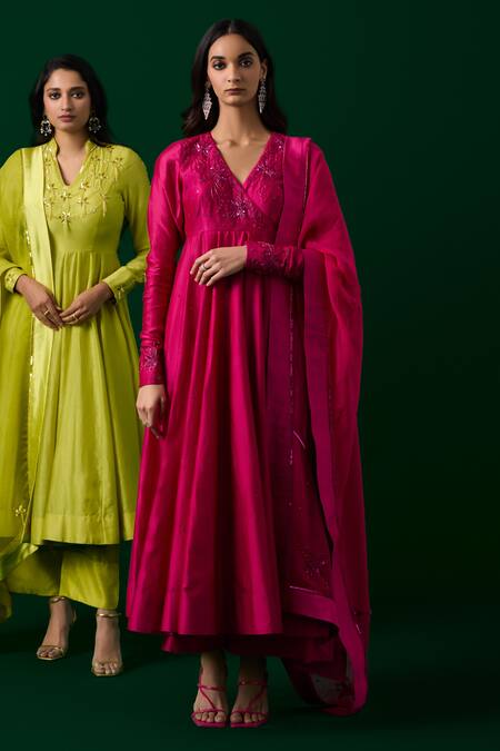 Buy_Meesa_Pink Chanderi Silk, Organza Crystals, Embroidery V-neck Anarkali Pant Set 