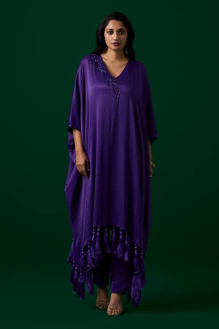 Meesa_Purple Cotton Embroidery V-neck Floral Kaftan And Pant Set _Online_at_Aza_Fashions