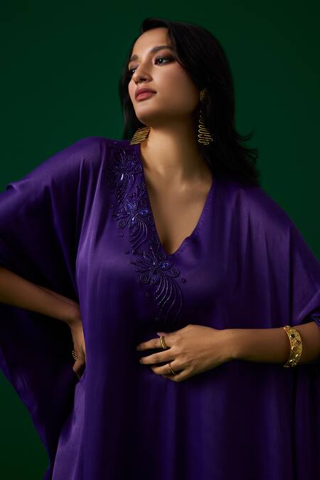Buy_Meesa_Purple Cotton Embroidery V-neck Floral Kaftan And Pant Set _Online_at_Aza_Fashions