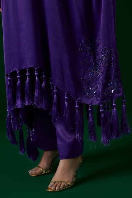 Shop_Meesa_Purple Cotton Embroidery V-neck Floral Kaftan And Pant Set _Online_at_Aza_Fashions