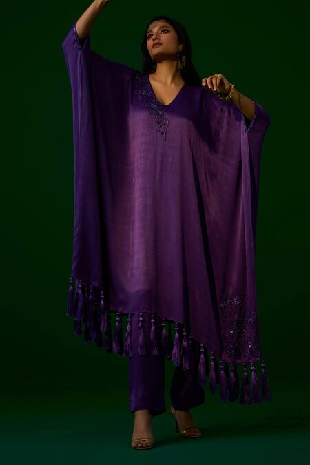 Meesa_Purple Cotton Embroidery V-neck Floral Kaftan And Pant Set _at_Aza_Fashions