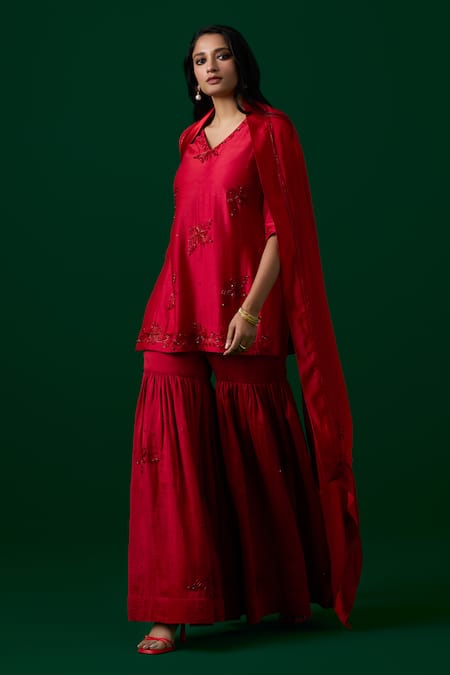 Meesa_Red Kurta And Sharara Chanderi Silk Hand Embroidered Crystal V Neck Floral Set _Online_at_Aza_Fashions