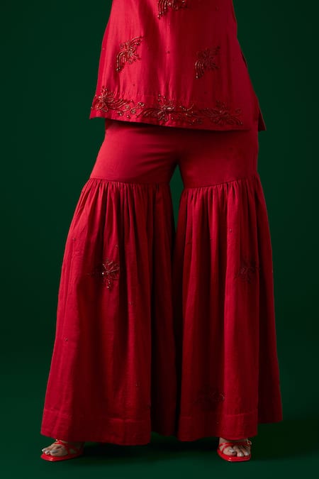 Shop_Meesa_Red Kurta And Sharara Chanderi Silk Hand Embroidered Crystal V Neck Floral Set _Online_at_Aza_Fashions