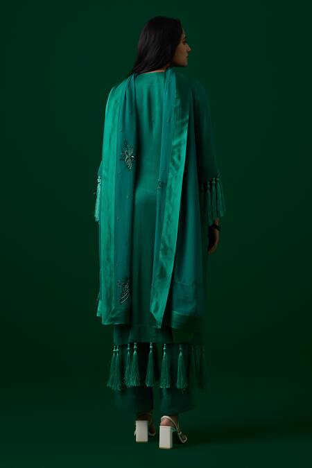 Shop_Meesa_Green Kurta And Palazzo Orange Peel Fabric Hand Floral Set  _at_Aza_Fashions