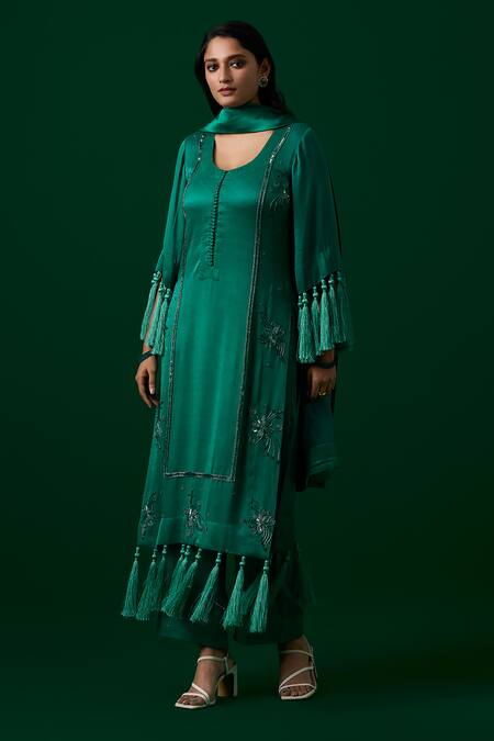 Meesa_Green Kurta And Palazzo Orange Peel Fabric Hand Floral Set  _Online_at_Aza_Fashions