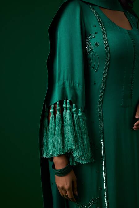Buy_Meesa_Green Kurta And Palazzo Orange Peel Fabric Hand Floral Set  _Online_at_Aza_Fashions