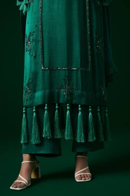 Shop_Meesa_Green Kurta And Palazzo Orange Peel Fabric Hand Floral Set  _Online_at_Aza_Fashions