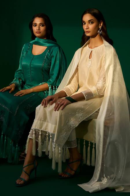 Meesa_Green Kurta And Palazzo Orange Peel Fabric Hand Floral Set  _at_Aza_Fashions