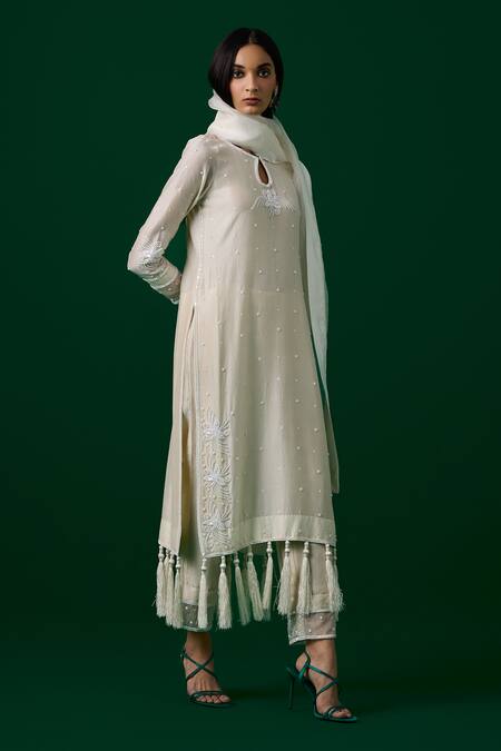 Meesa_White Chanderi Silk, Organza Crystals, Embroidery Keyhole Neck Kurta Pant Set _Online_at_Aza_Fashions