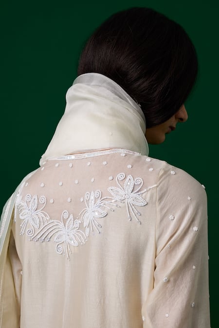 Buy_Meesa_White Chanderi Silk, Organza Crystals, Embroidery Keyhole Neck Kurta Pant Set _Online_at_Aza_Fashions