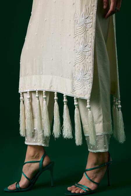 Shop_Meesa_White Chanderi Silk, Organza Crystals, Embroidery Keyhole Neck Kurta Pant Set _Online_at_Aza_Fashions