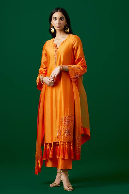Meesa_Orange Kurta And Pant Chanderi Silk Hand Embroidered Crystal Set  _Online_at_Aza_Fashions