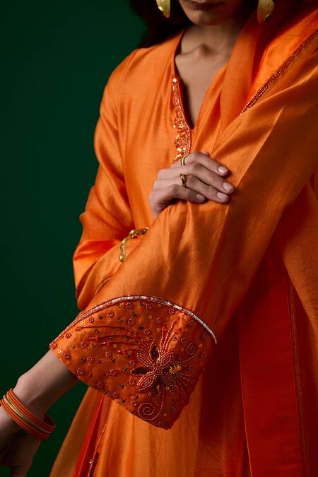 Buy_Meesa_Orange Kurta And Pant Chanderi Silk Hand Embroidered Crystal Set  _Online_at_Aza_Fashions