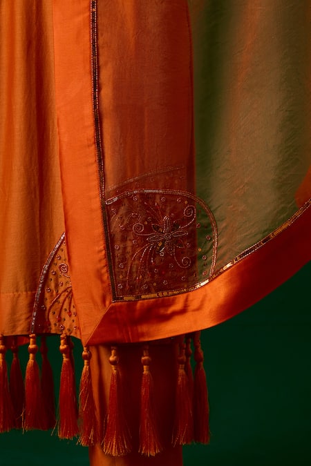 Shop_Meesa_Orange Kurta And Pant Chanderi Silk Hand Embroidered Crystal Set  _Online_at_Aza_Fashions