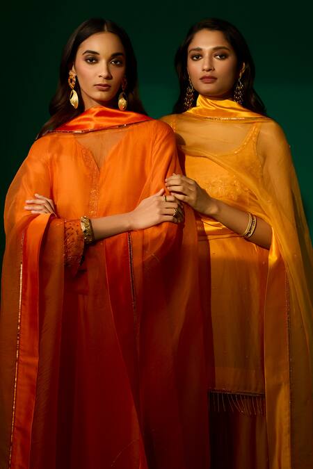 Meesa_Orange Kurta And Pant Chanderi Silk Hand Embroidered Crystal Set  _at_Aza_Fashions